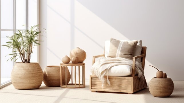Modern home staging with beige japndi concept, showcasing a stylish rattan pouf, wooden commode, ladder, tea pot, mock up poster frame, flowers, and elegant accessories.