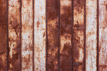 flat texture of rusty corrugated flat thin sheet metal surface with vertical structure and...