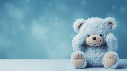 blue teddy bear with blue background and copy space 