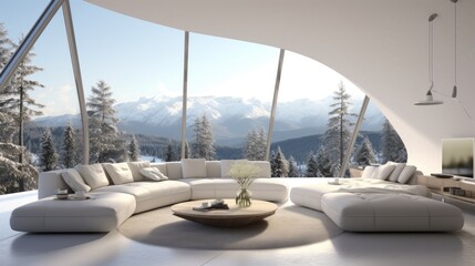 Minimalist design concept in a bright living room with a panoramic window.