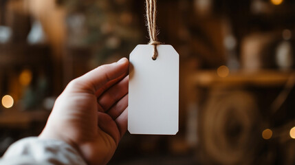 A hand holding a white gift tag on new year background