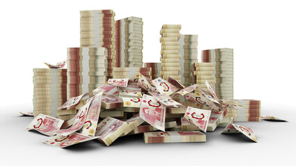 Big stacks of British pounds sterling notes. A lot of money isolated on transparent background. 3d rendering of bundles of cash - obrazy, fototapety, plakaty
