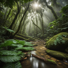 
"Radiant Rainforest Stream: Sunlight Illuminating Serene Meandering Waterway Amidst Ferns and Rocks"