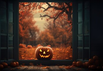 A halloween pumpkin sitting in front of an open window