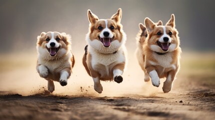 Three dogs running in the dirt with their mouths open