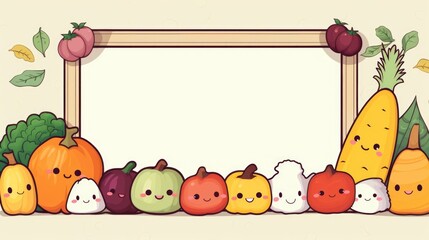 A group of fruits and vegetables in front of a frame