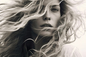 Naklejka premium A woman with long hair enjoys the wind in nature, creating a cinematic and timeless image.