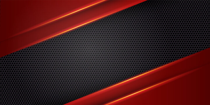 Dark gray abstract wide horizontal banner with hexagonal carbon fiber grid and orange glowing lines. Technology vector background with golden neon lines. Futuristic luxury modern vector background.