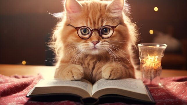 A cat wearing glasses sitting on top of an open book