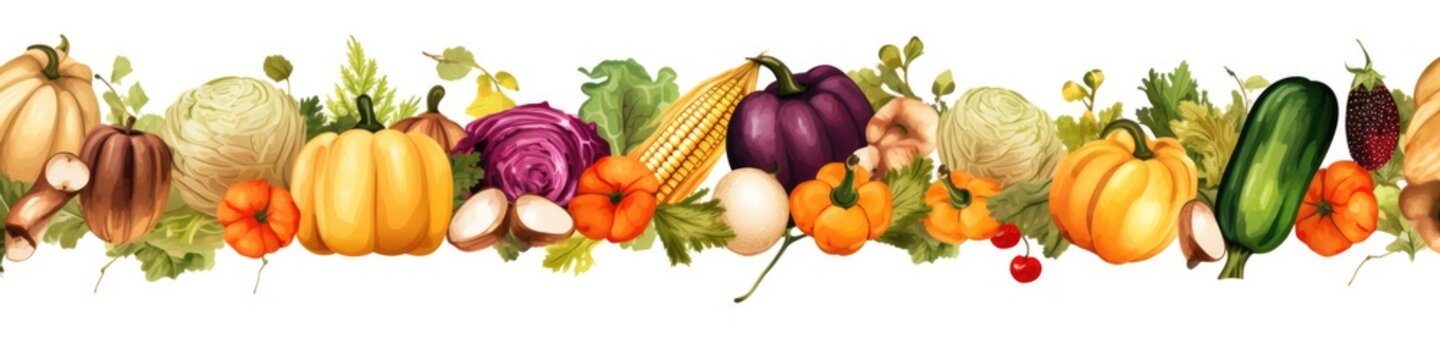 A row of different types of vegetables on a white background