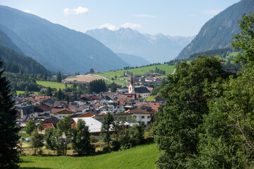 Aerial view of Anterselva di Mezzo (Antholz-Mittertal) in mountain valley in the dolomites and Italian alps 