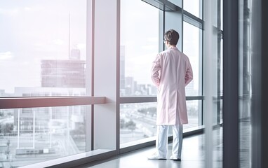 Fototapeta premium Double exposure of confident doctor in white sterile coat standing inside hospital office and modern cityscape view on background. Created with Generative AI technology.