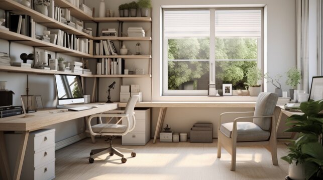 Paraphrase: Scandinavian inspired home office with stylish furniture, elegant decor, and a minimalist aesthetic.