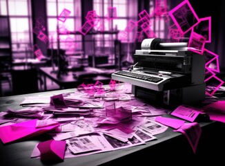 business documents with charts growth, keyboard and pen. business concept. Created with Generative AI technology.