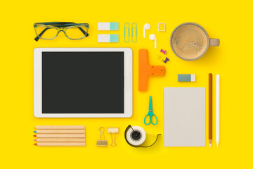 Things on my desk, stationary flat lay with digital tablet mockup on yellow background