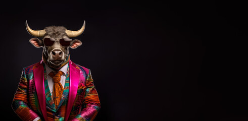 Cool looking bull with horns wearing funky fashion dress - jacket, tie, glasses. Wide banner with space for text right side. Stylish animal posing as supermodel. Generative AI