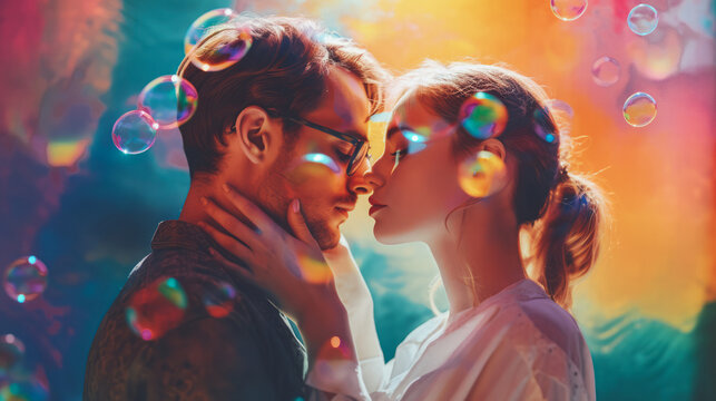 Retro portrait, young couple in love, man and woman hugging and kissing, covered with fresh bubbles, on a colorful background. A minimal symbol of love for Valentine's Day.