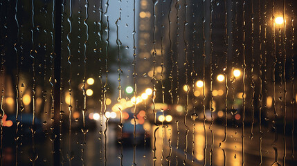 Fototapeta premium Rain drops on the window with city lights blurred background. Rainy day concept.