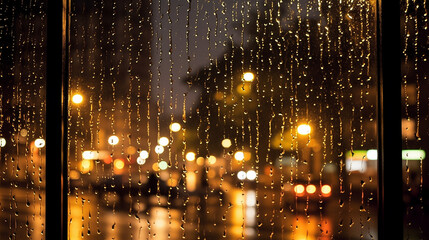 Rain drops on the window with city lights blurred background. Rainy day concept.