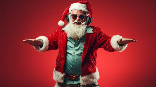 a cool dancing Santa Clause listening to music with headphones