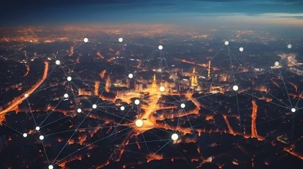 Foto op Plexiglas Le concept d'une ville connectée au réseau 5G numérique la nuit.  © Gautierbzh