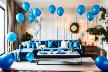 A vibrant party room adorned with blue balloons home decor