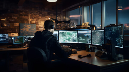 Un ingénieur militaire en train de géolocaliser une attaque cyber depuis son ordinateur.  - obrazy, fototapety, plakaty