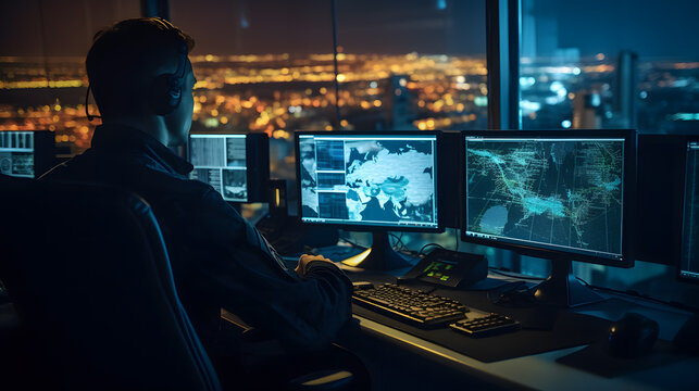 Le concept d'un militaire contr&ocirc;lant le cyber-espace depuis ses ordinateurs.