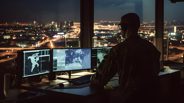 Un militaire surveillant le cyber-espace depuis ses ordinateurs.