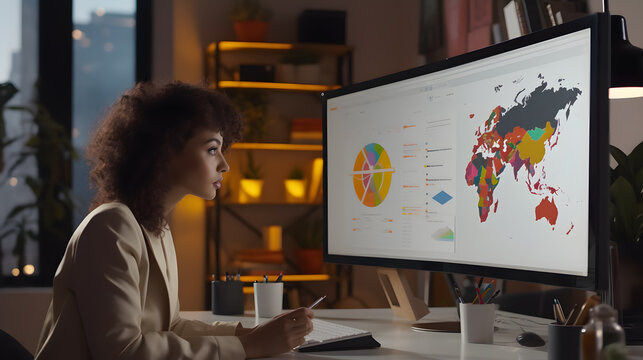 Une femme en train de faire une pr&eacute;sentation digitale sur la r&eacute;partition des ventes g&eacute;ographiques d'une entreprise mondiale. 