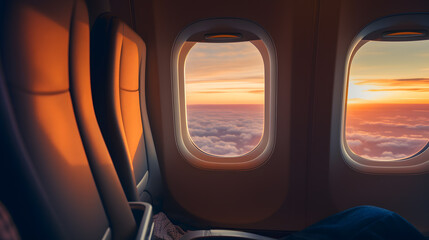 La vue sur un coucher de soleil depuis un hublot d'avion.