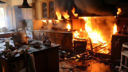 Une cuisine en feu dans une maison. - obrazy, fototapety, plakaty