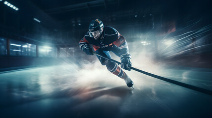 Un joueur de hockey en plein patinage avec sa cross pour marquer un point. - obrazy, fototapety, plakaty
