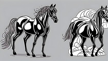 illustration of a horse, tattoo design, for baby drawing for coloring. Black and white outline coloring book.
