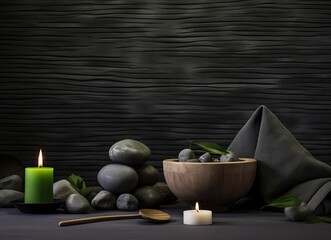 Spa composition with burning candles, lily flower and stone on massage table in wellness center, space for text Created with Generative AI technology.