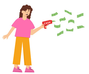 The girl shoots bills from a money gun. Money dollar gun. Vector illustration