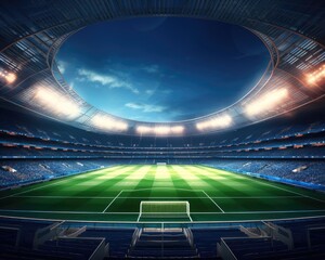 Composition of football on football pitch with spotlights in sports stadium. championships, Created with Generative AI technology. - Powered by Adobe