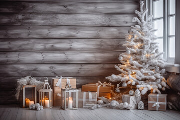 a white Christmas tree with presents in a cabin - obrazy, fototapety, plakaty