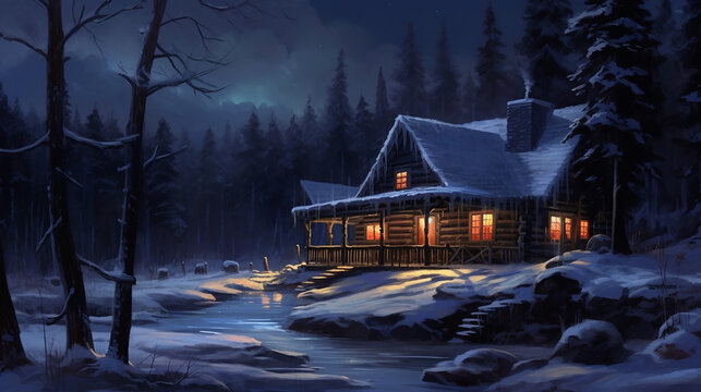A winter cabin in the woods, Christmas, the Holidays, New Years