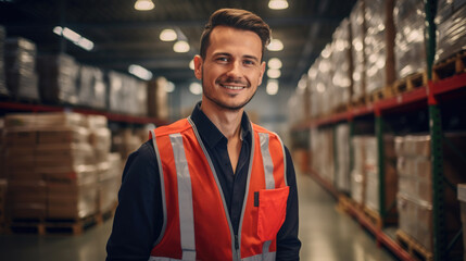 Smiling warehouse worker in the logistic warehouse. Generative AI