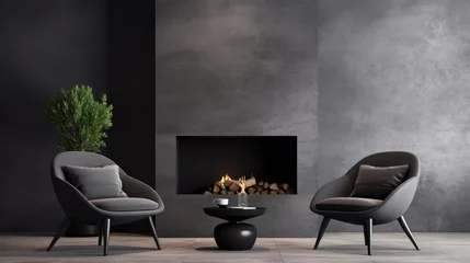  Gray velor chairs, black accent fireplace, dark plaster, empty wall. Lounge area in apartment or reception hall. Room design mockup for art. 3D render. © Vusal