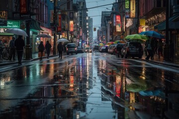 City in the rain: living streets, reflections, urban serenity., generative IA