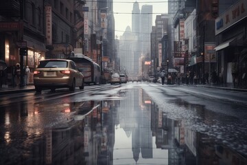 Urban city shrouded in gray rain and reflections., generative IA