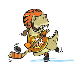 Tyrannosaurus rex posing as ice hockey player 