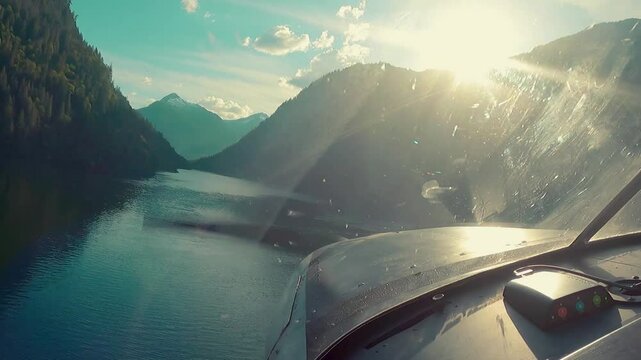 Seaplane Flying Takeoff and Landing in Fjord British Columbia