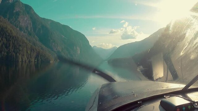 Seaplane Flying and Landing in Fjord British Columbia