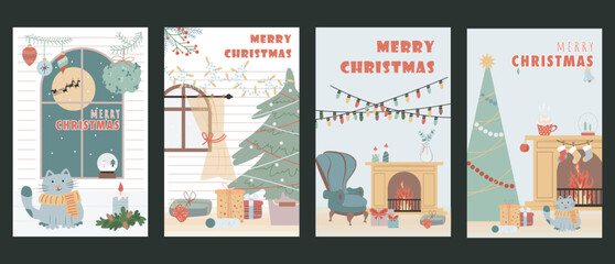 Christmas holiday cover brochure set in trendy flat design. Poster templates with cozy room, window with candles and decor, festive fir tree with toys and gifts, cute cat at home. Vector illustration.