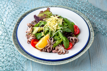 Octopus salad on a blue background. Mediterranean Kitchen. Sea mood menu.