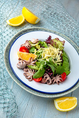 Octopus salad on a blue background. Mediterranean Kitchen. Sea mood menu.