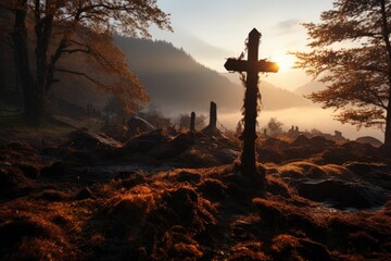 Lonely cross surrounded by fog, sacred nature., generative IA